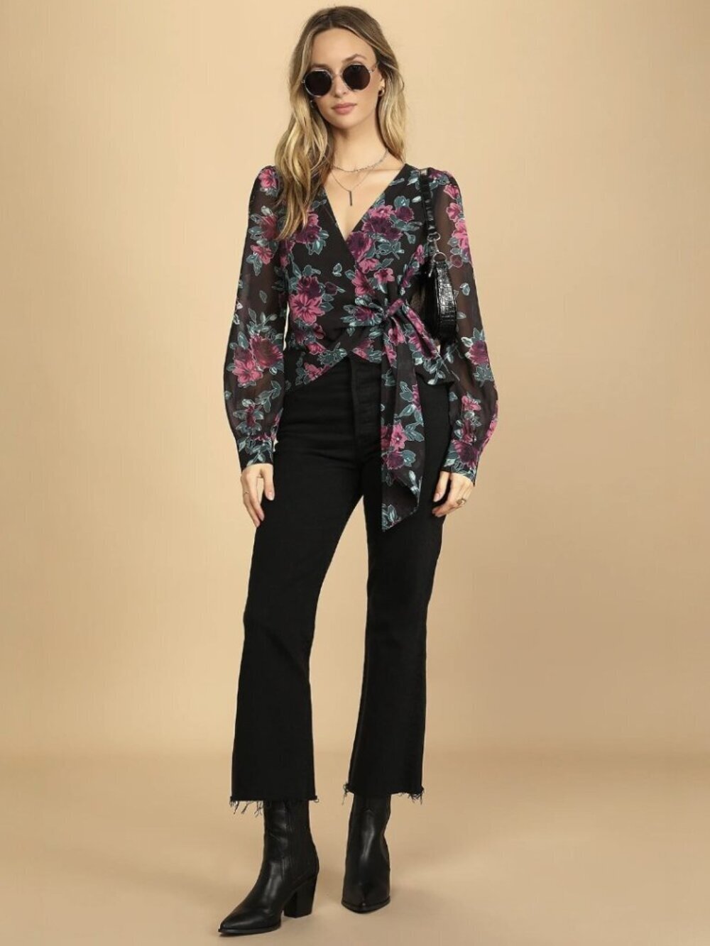 NWT Lulus Trending Now Black Floral Print Long Sleeve Wrap Top (size S)